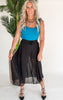 Halara High Waisted Drawstring Contrast Mesh 2-in-1 Side Pocket Flowy Midi Flare Casual Skirt - Black**