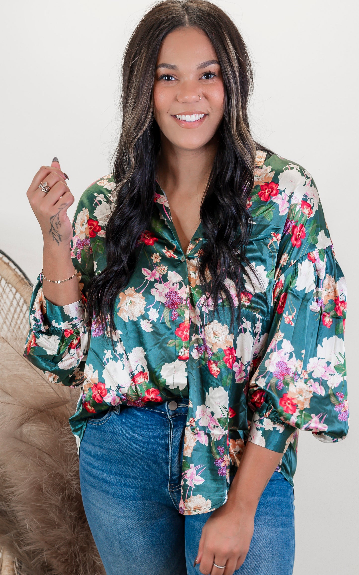 Flower Print Button Down Oversized Satin Blouse