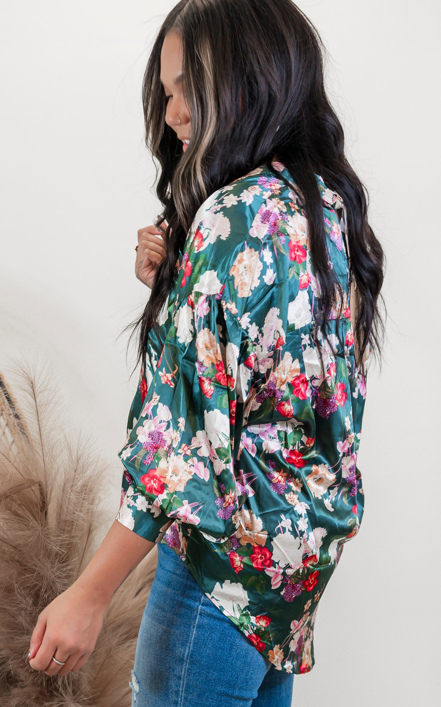 Flower Print Button Down Oversized Satin Blouse