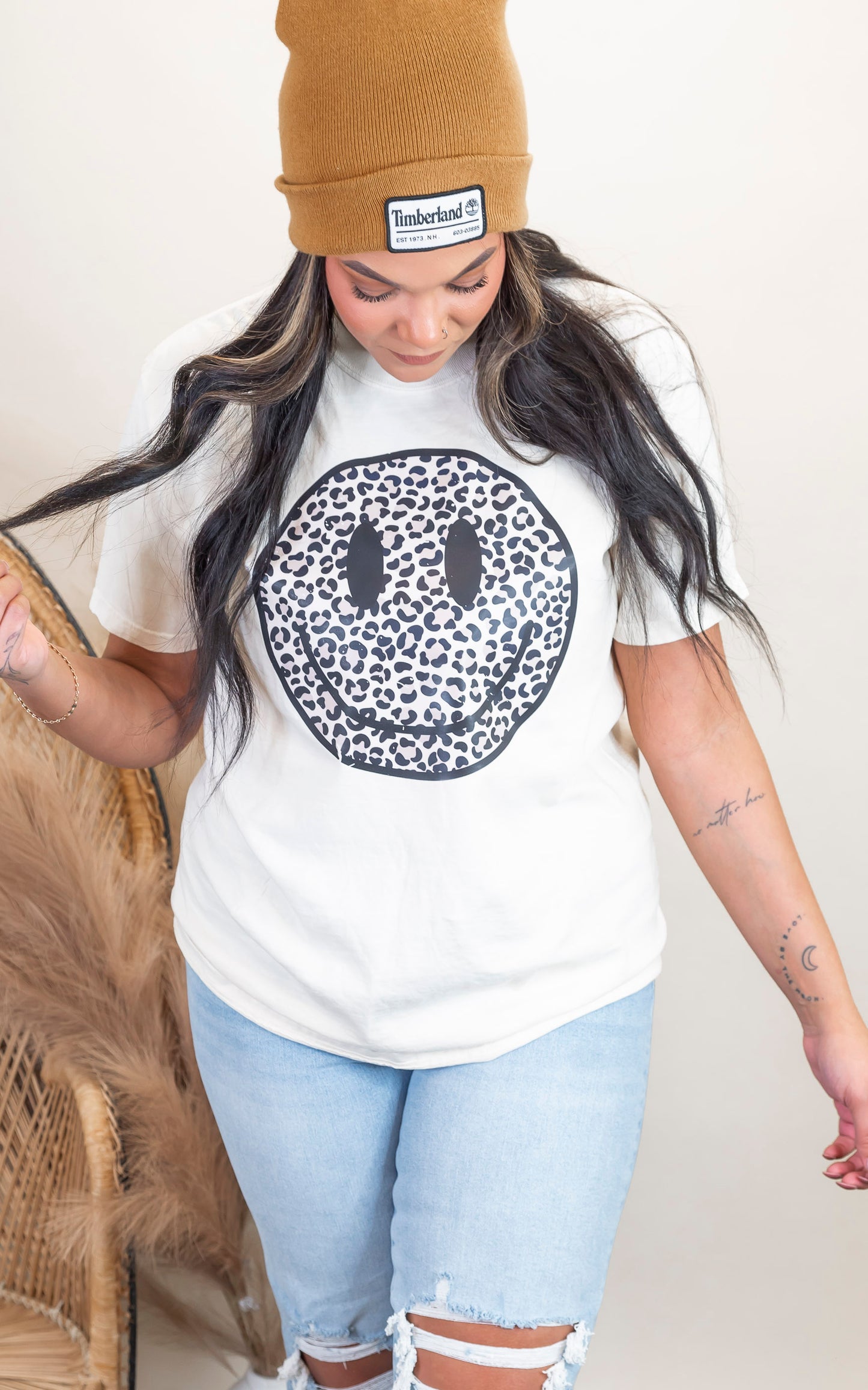 Leopard Smiley Face Garment Dyed Graphic T-shirt