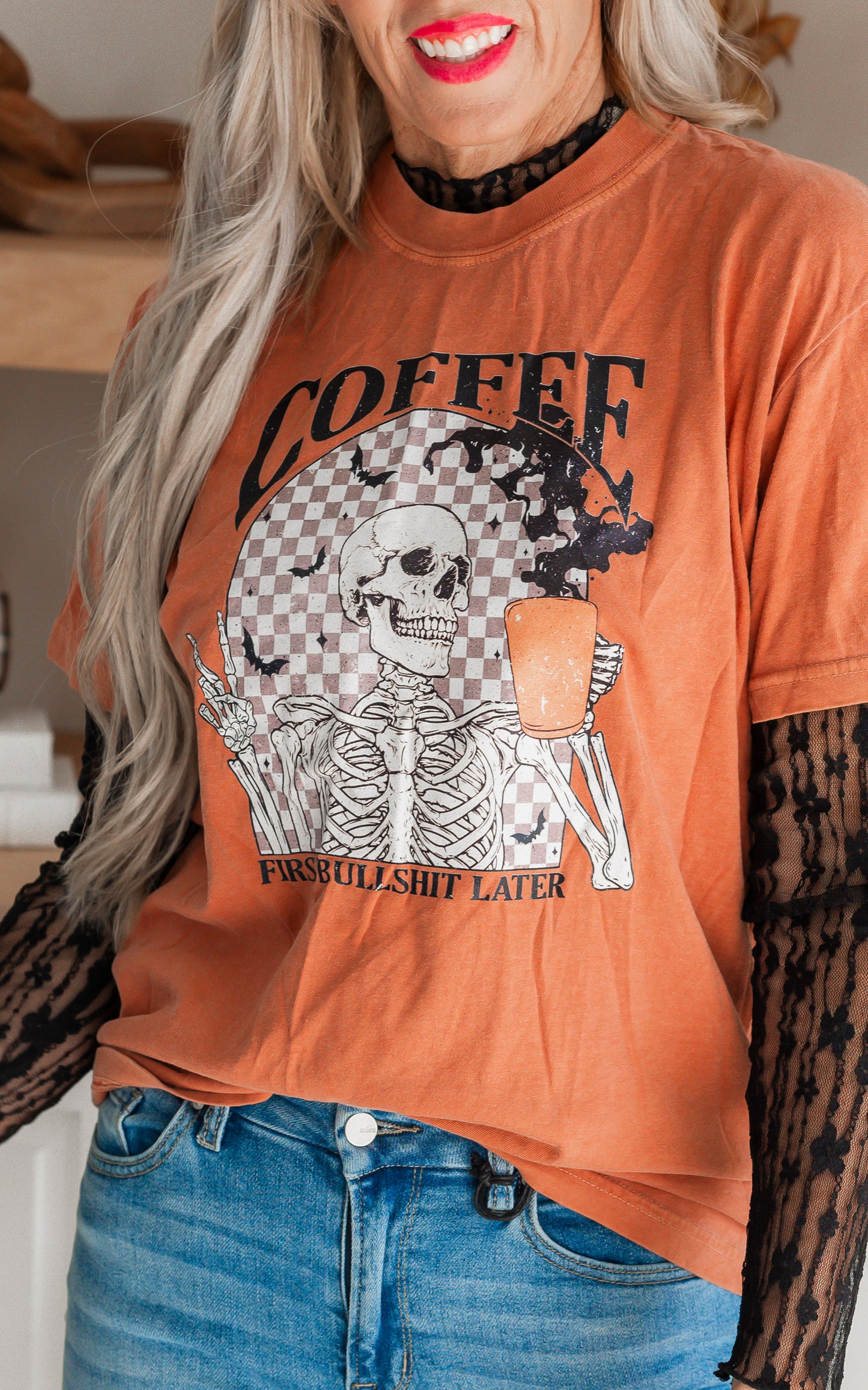 Coffee First Bullshit Later Garment Dyed Graphic T-shirt