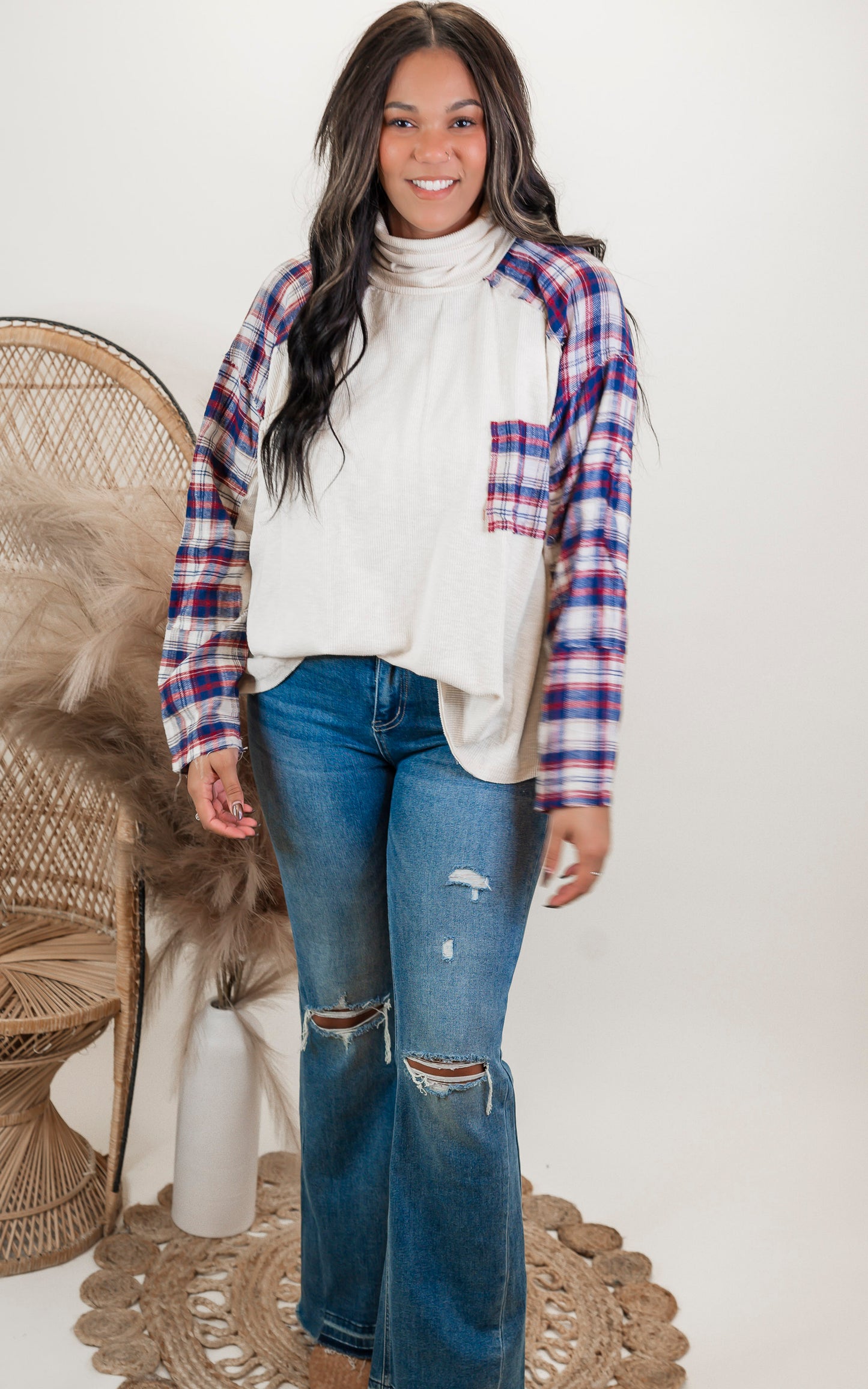 Turtleneck Plaid Contrast Long Sleeve Top | POL