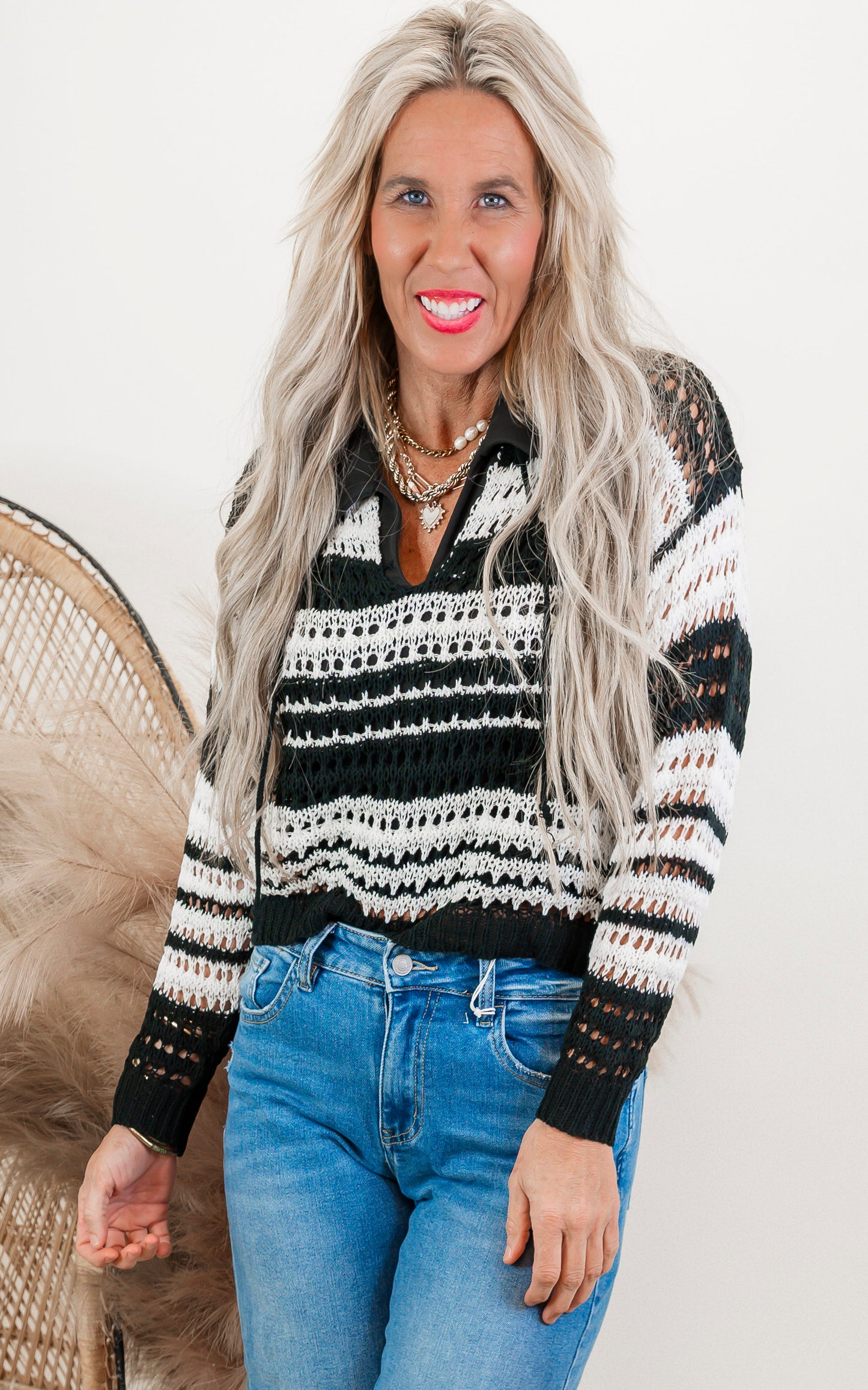 Black Crochet Knit Sweater Top | Davi & Dani