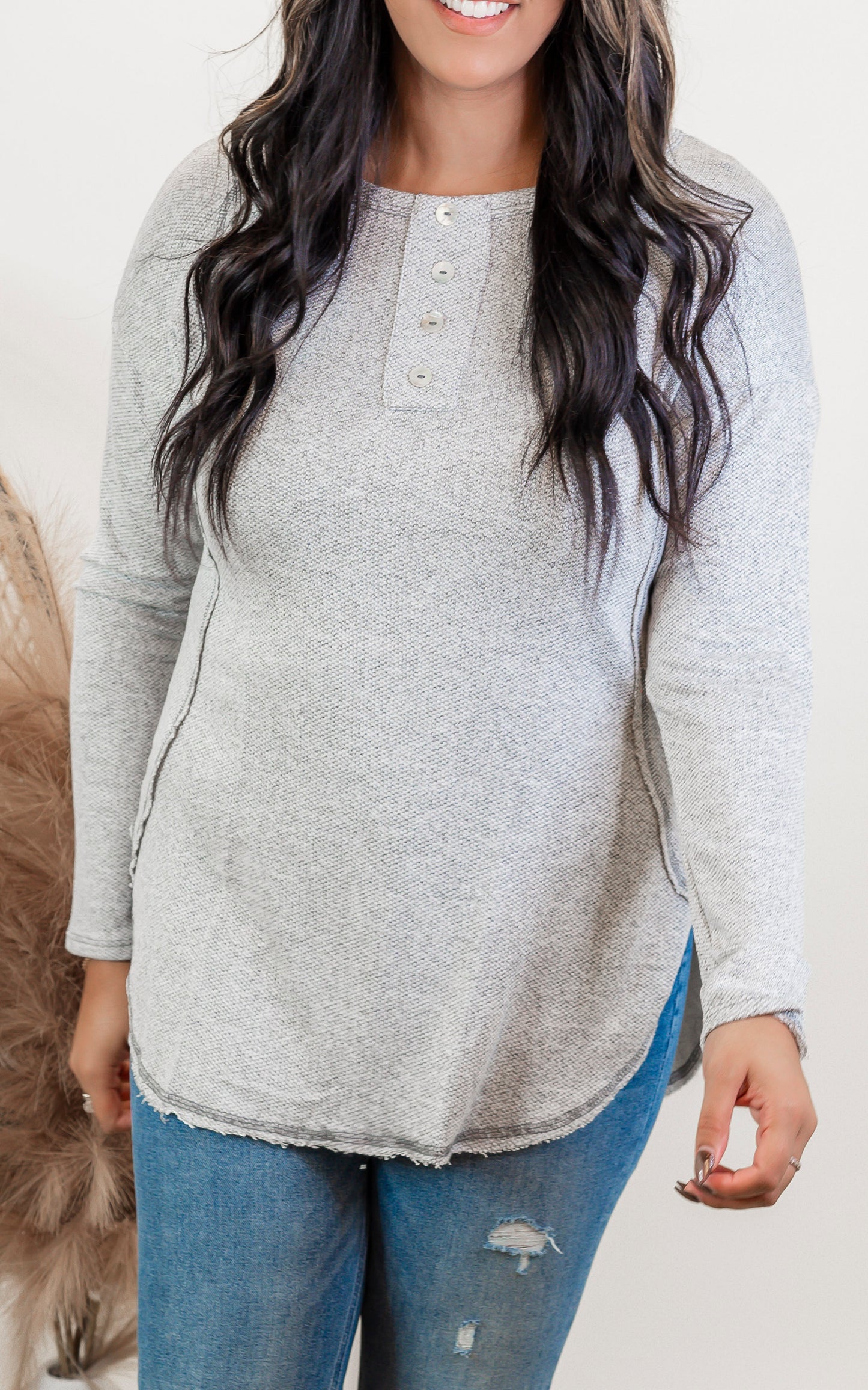 Hi-Low Curved Hem Long Sleeve Henley Top