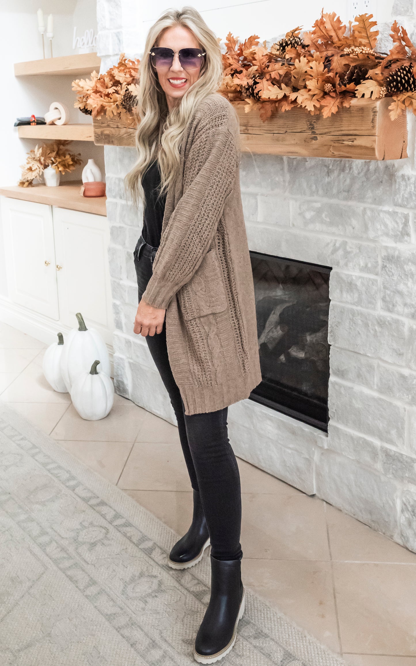 Twist Knitted Long Cozy Cardigan - Mocha Latte