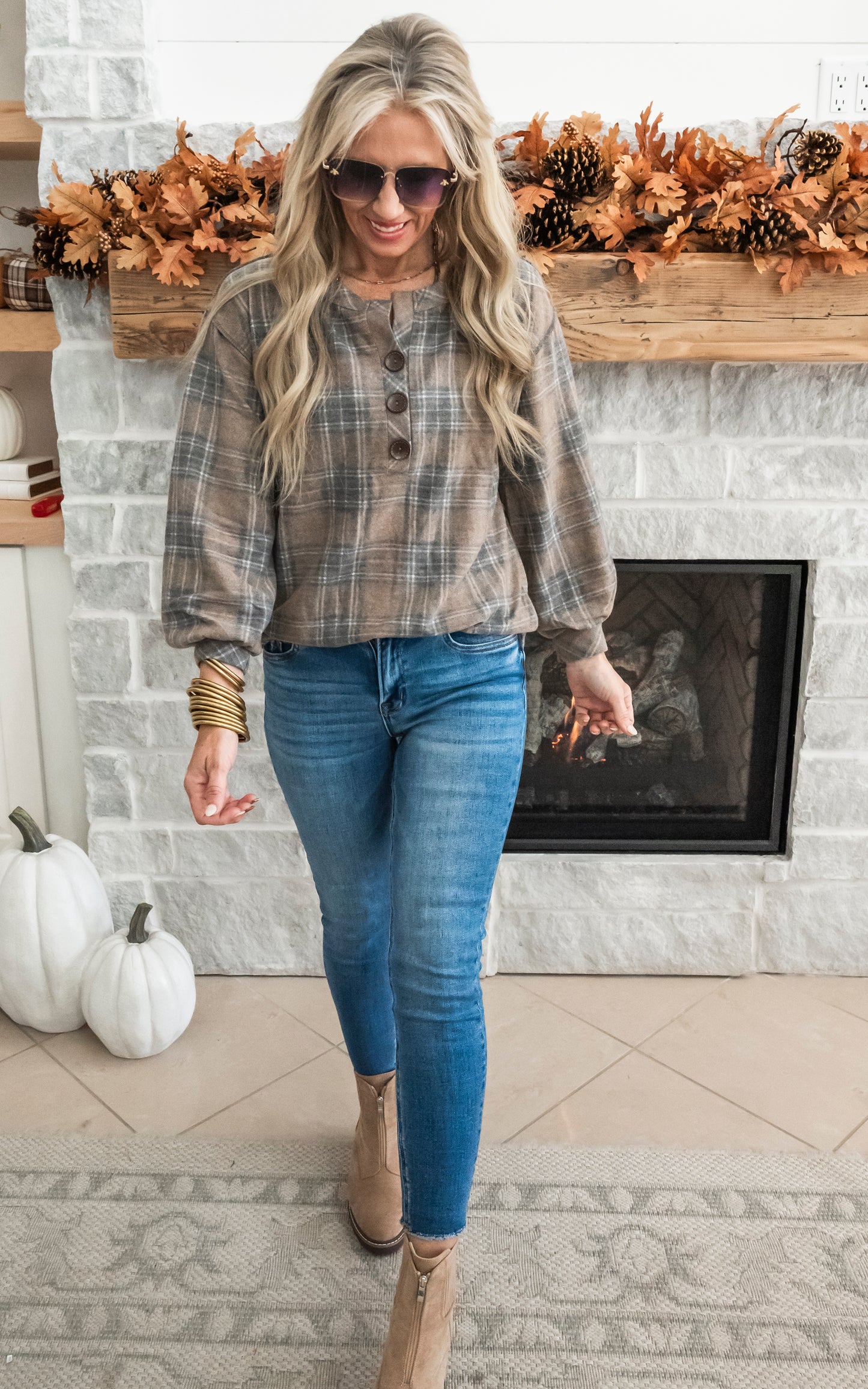 Comfortably Cozy Plaid Button Front - Taupe