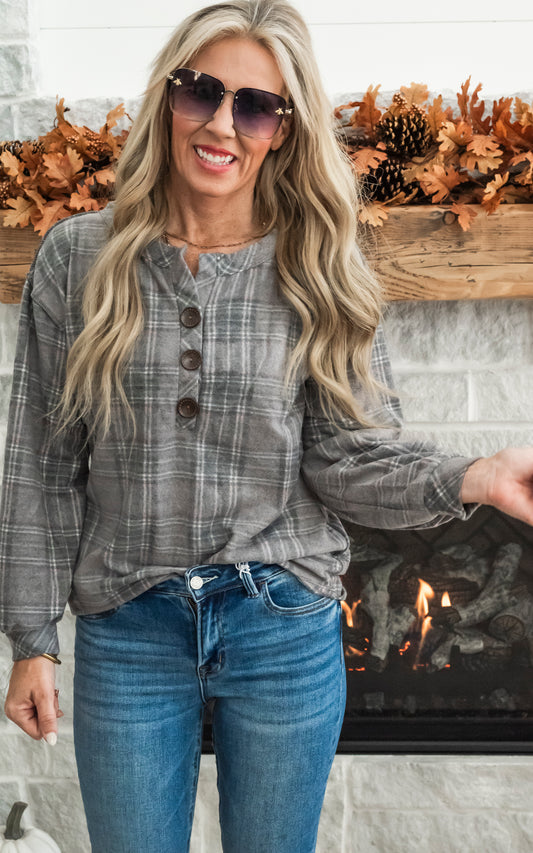 Comfortably Cozy Plaid Button Front - Charcoal