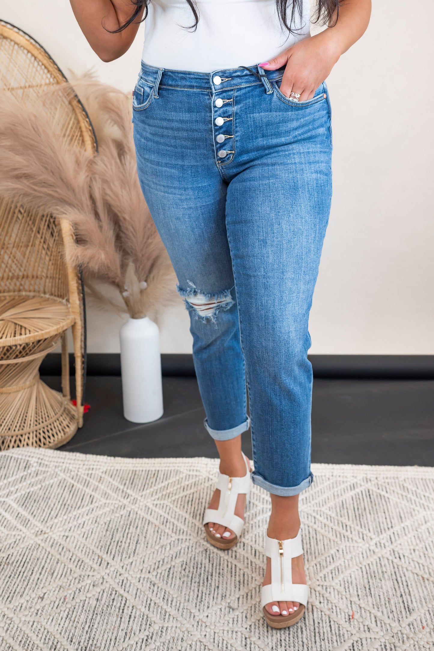 Mid Rise Button Fly Destroyed Boyfriend Denim Jeans | JUDY BLUE