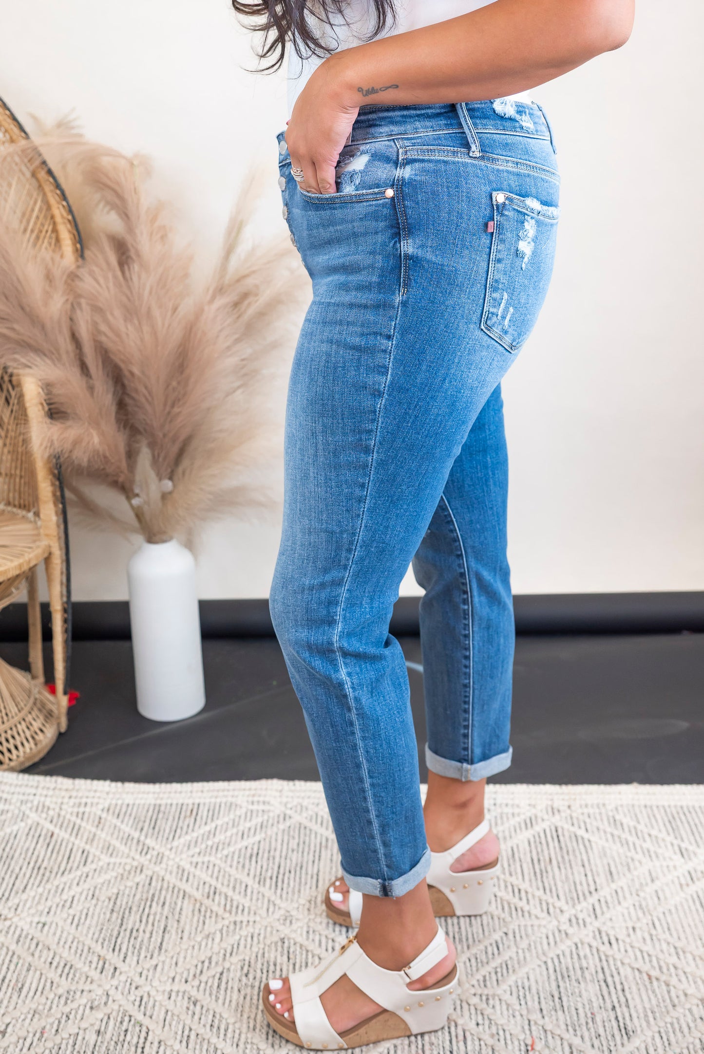 Mid Rise Button Fly Destroyed Boyfriend Denim Jeans | JUDY BLUE