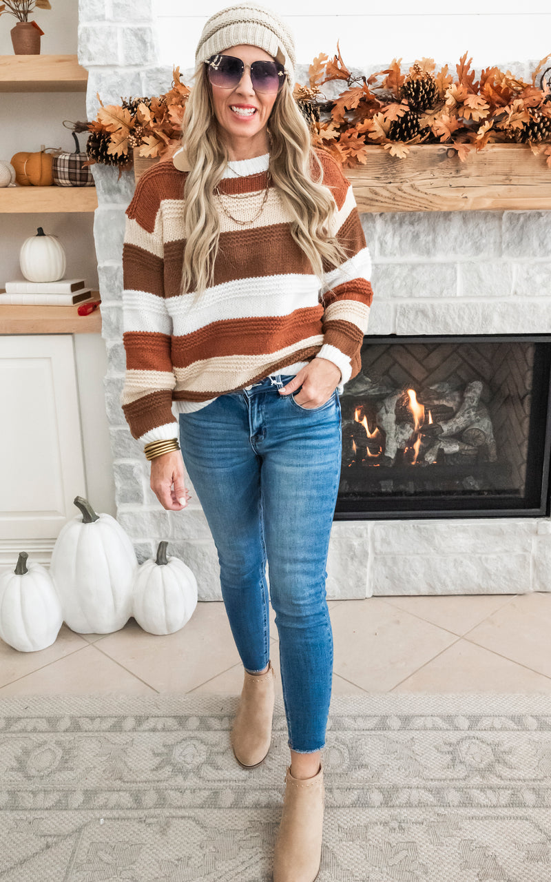 Just A Thought Fall Striped Colorblock Sweater RUST