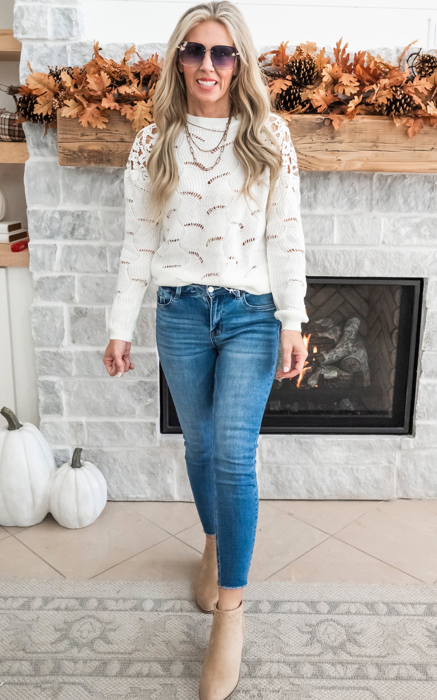 Enjoying My Now Wavy Knit Sweater w/ Lace - Ivory