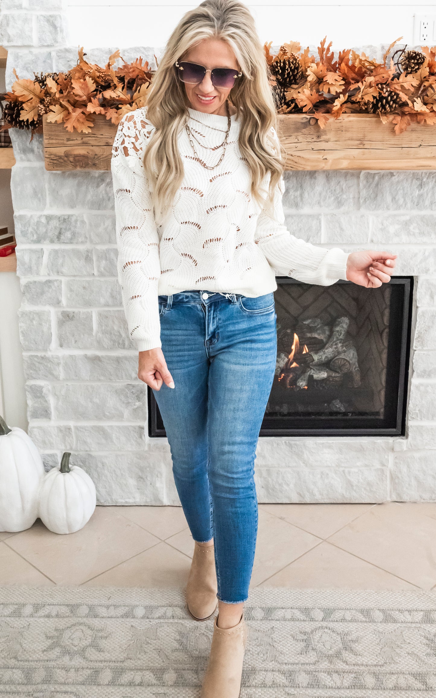 Enjoying My Now Wavy Knit Sweater w/ Lace - Ivory