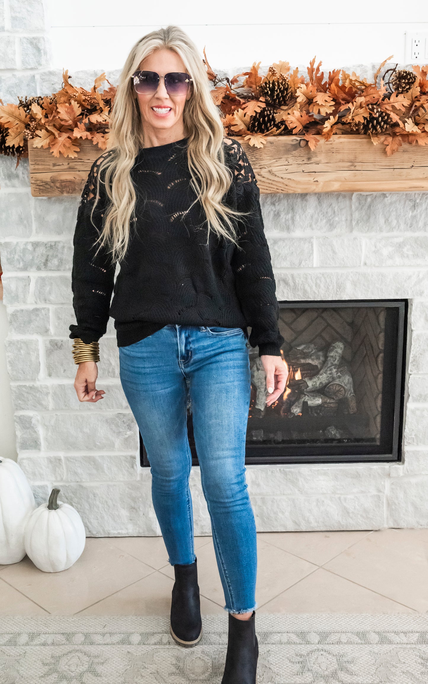 Enjoying My Now Wavy Knit Sweater w/ Lace - Black