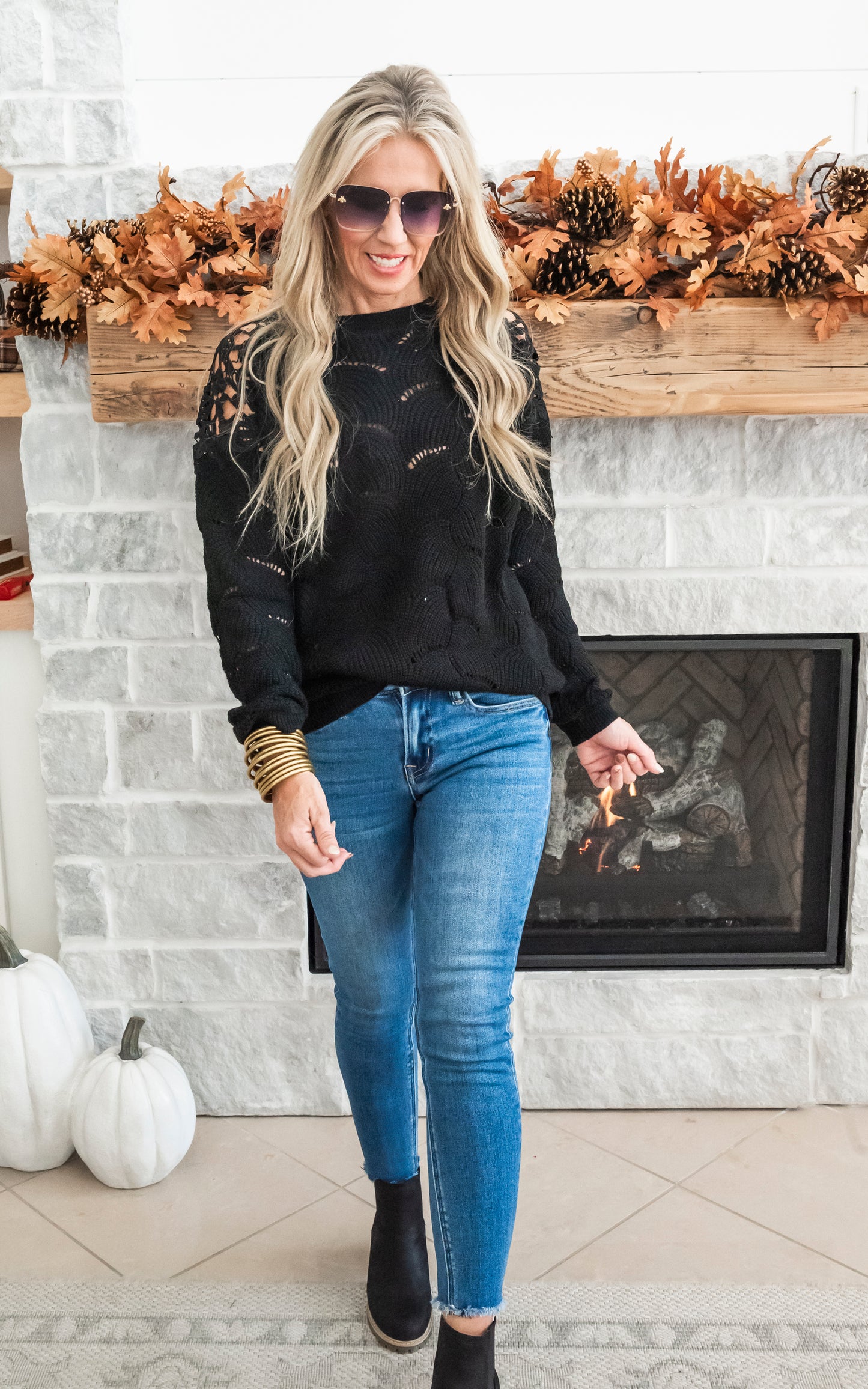 Enjoying My Now Wavy Knit Sweater w/ Lace - Black