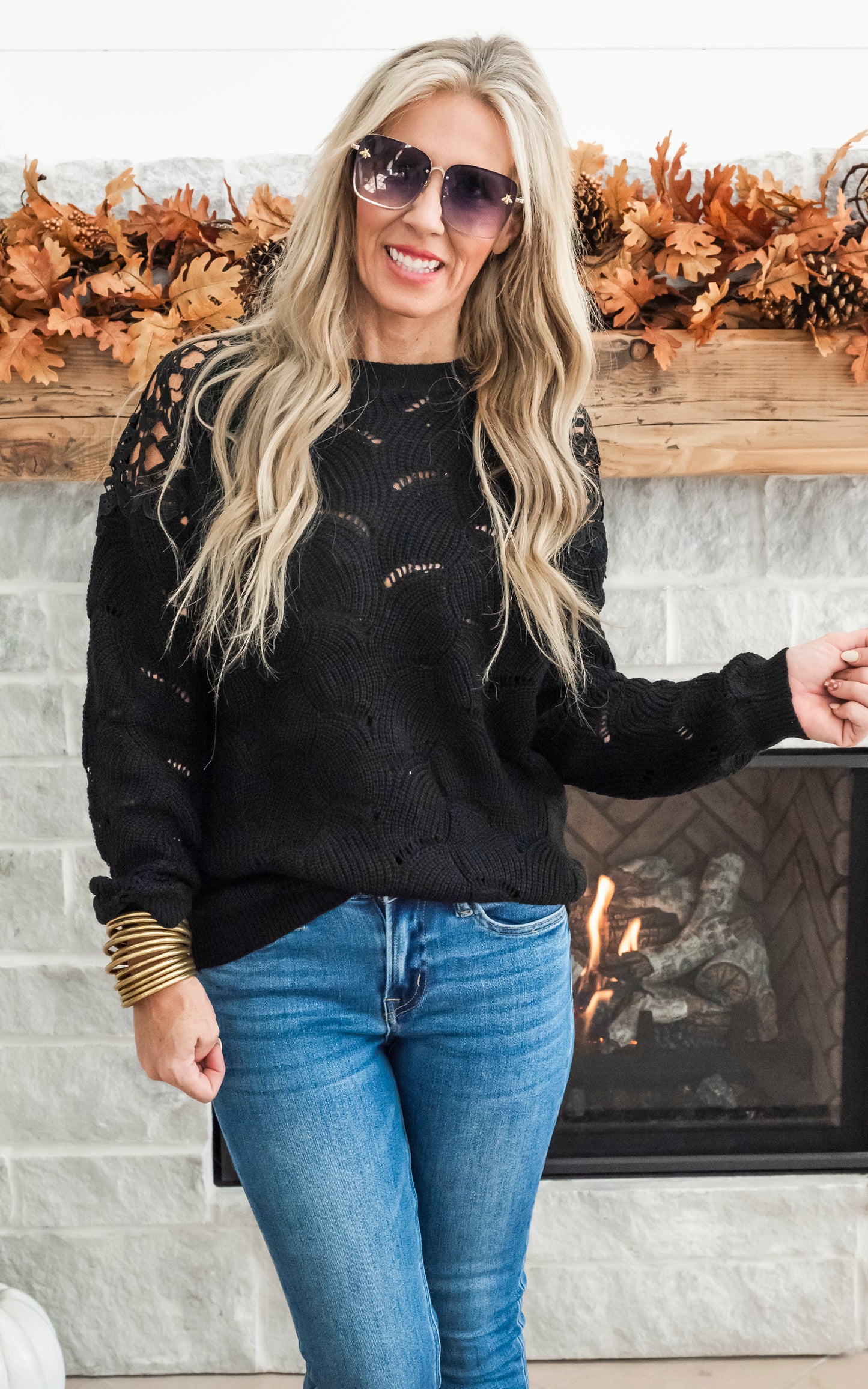 Enjoying My Now Wavy Knit Sweater w/ Lace - Black