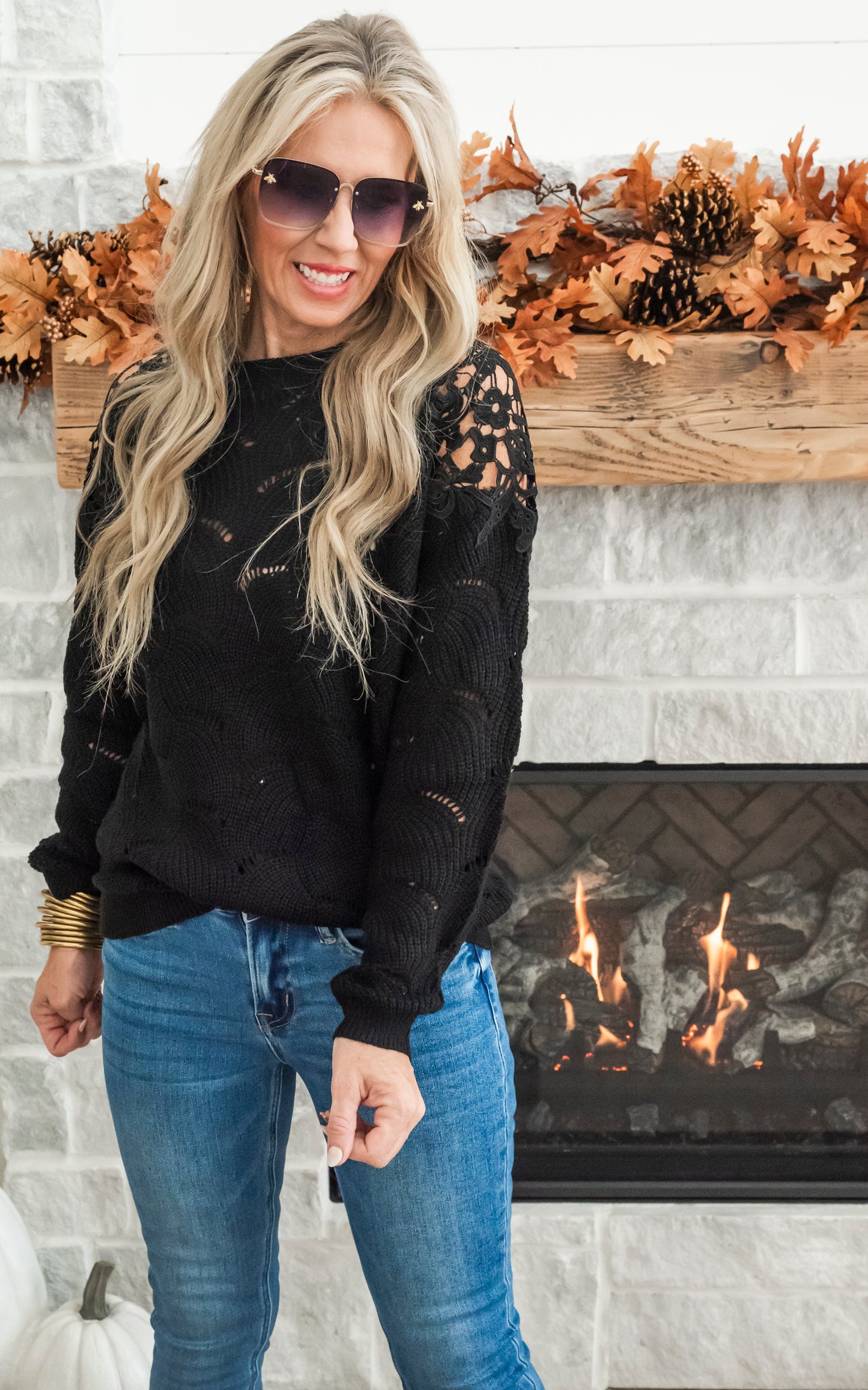 Enjoying My Now Wavy Knit Sweater w/ Lace - Black