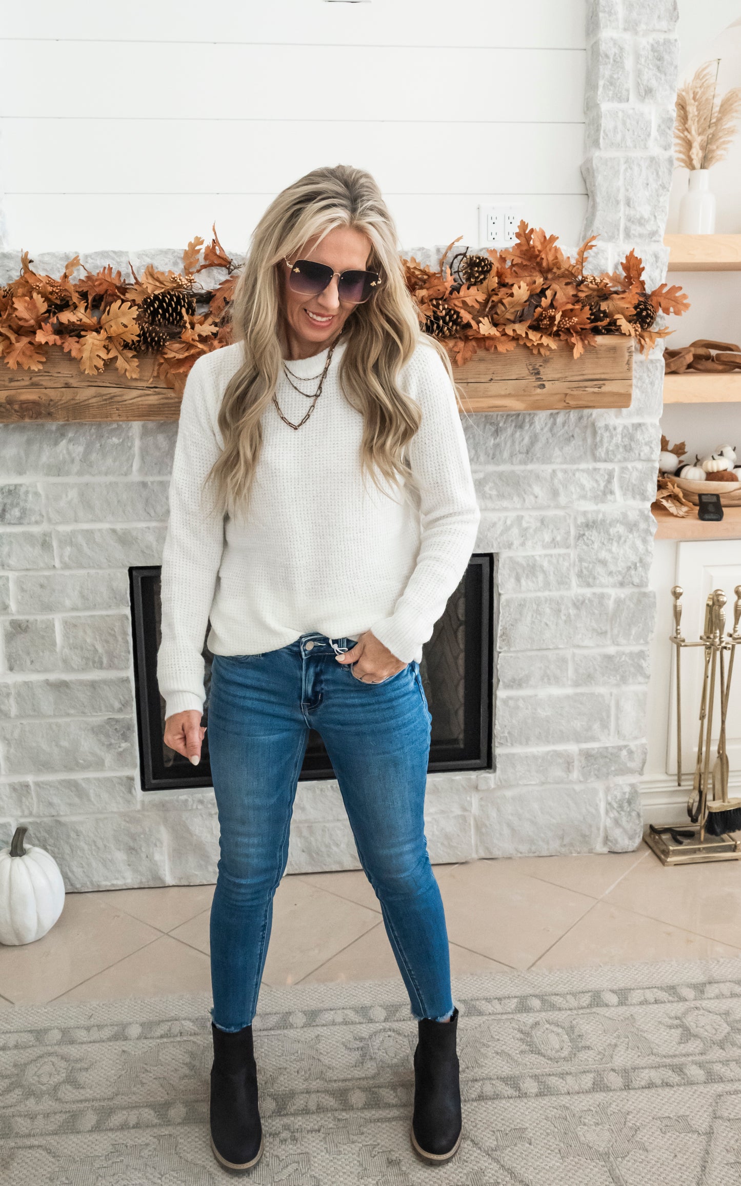 Waffle Ivory Long Sleeve Knit Top