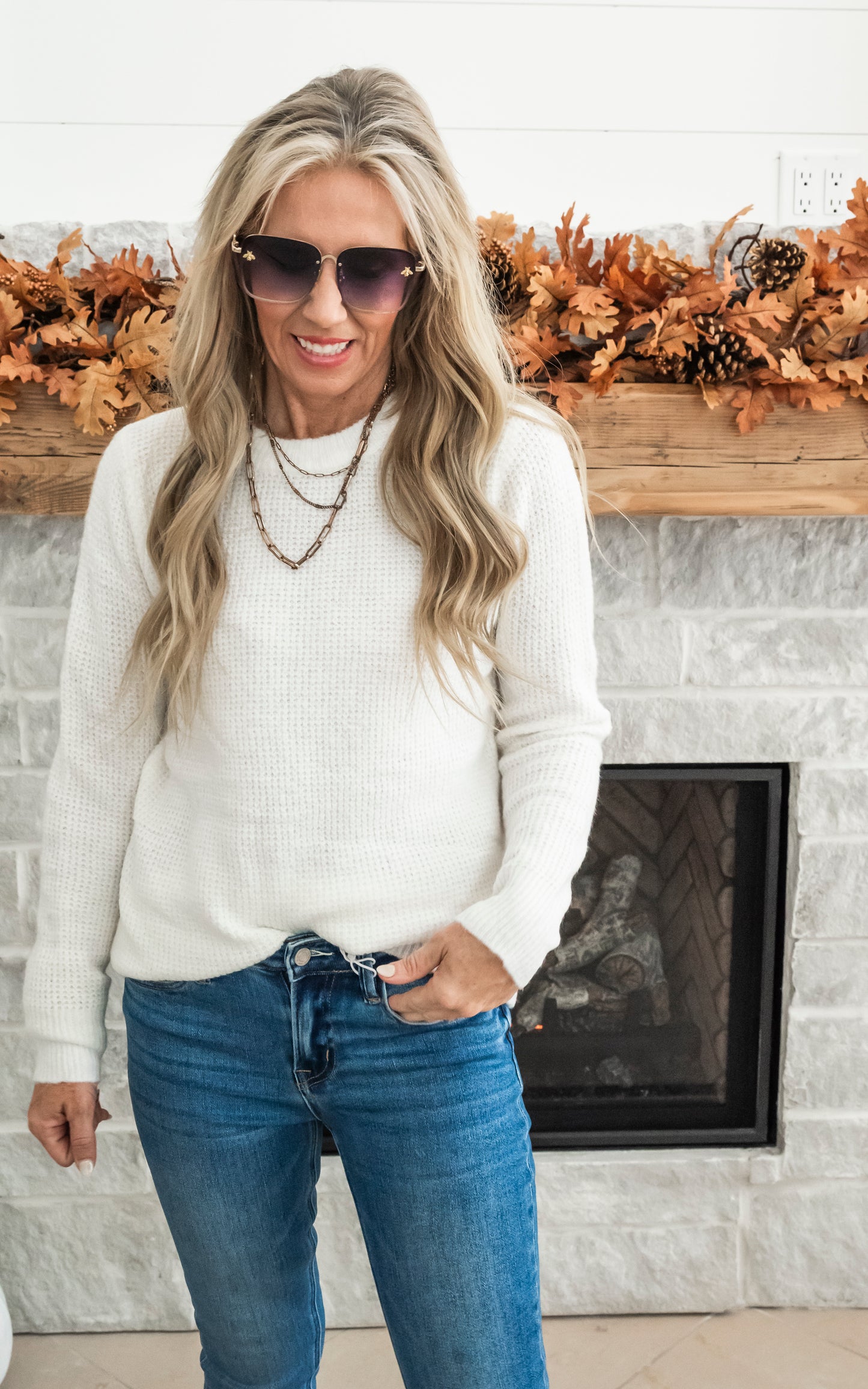 Waffle Ivory Long Sleeve Knit Top