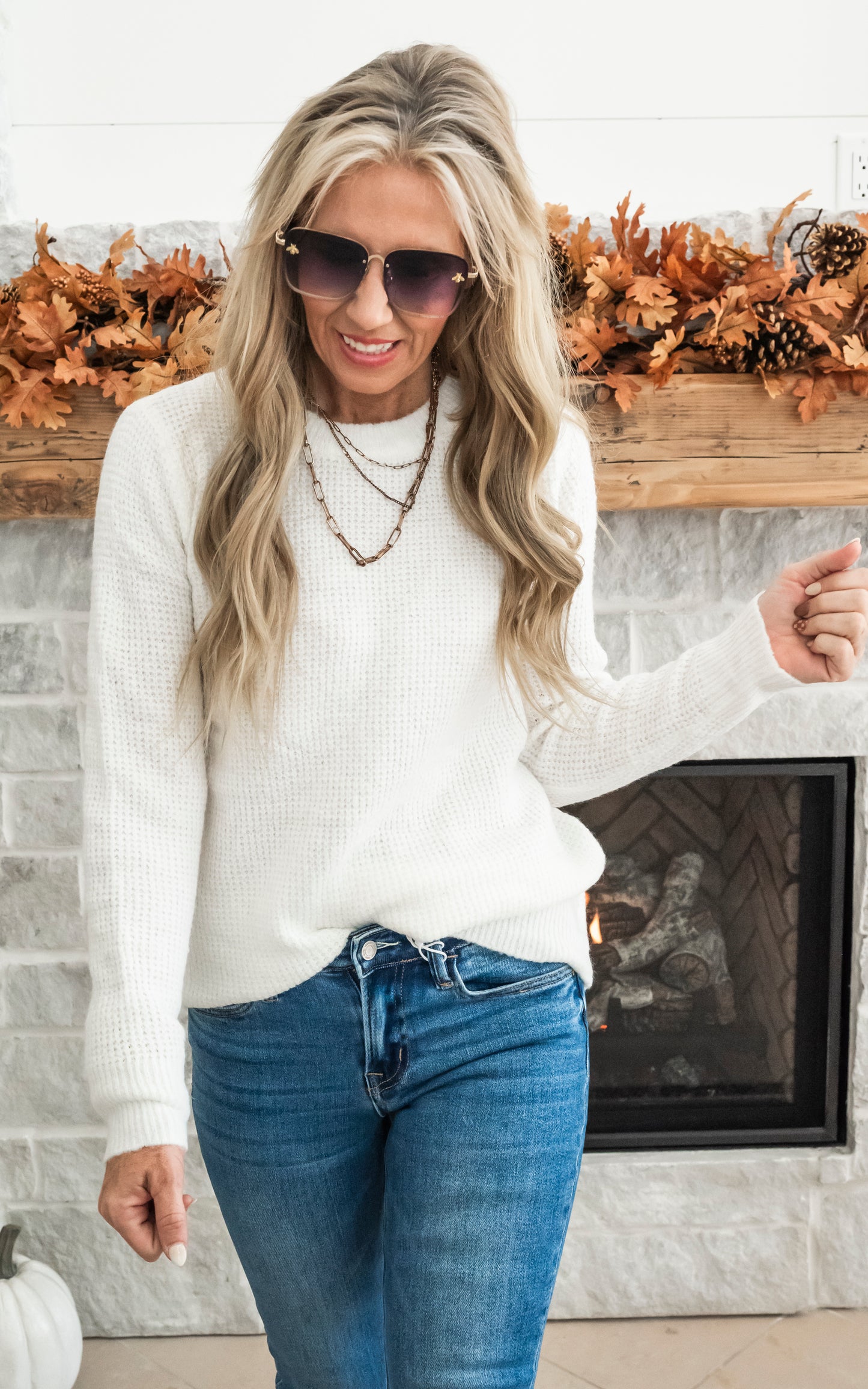 Waffle Ivory Long Sleeve Knit Top