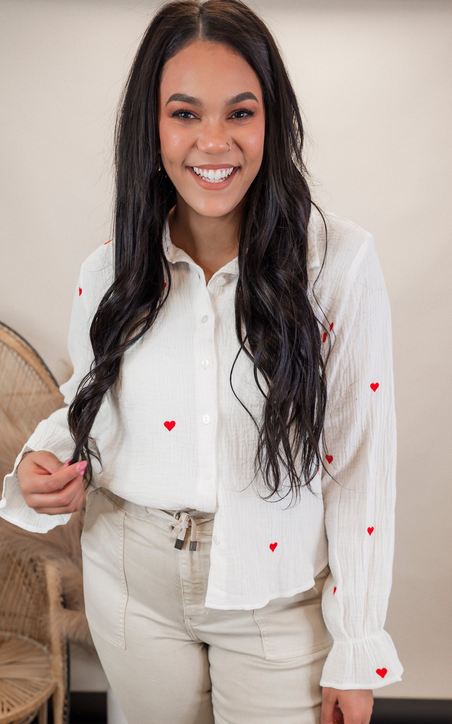 Embroidered Heart Button Up Blouse