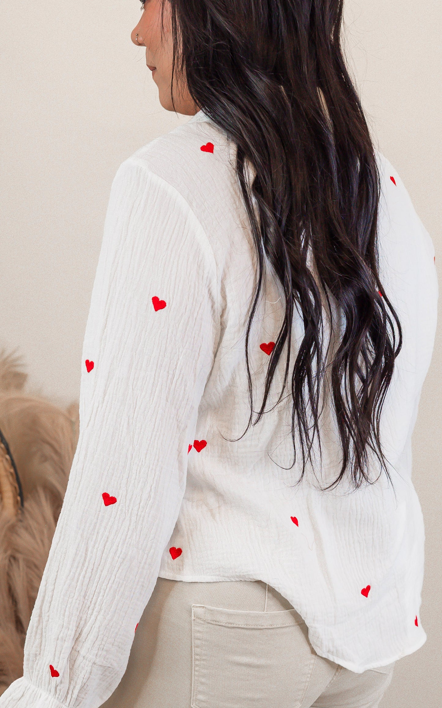 Embroidered Heart Button Up Blouse