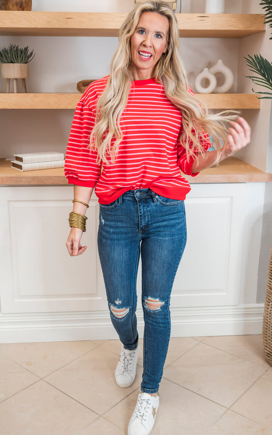 Red Striped 3/4 Sleeve Top