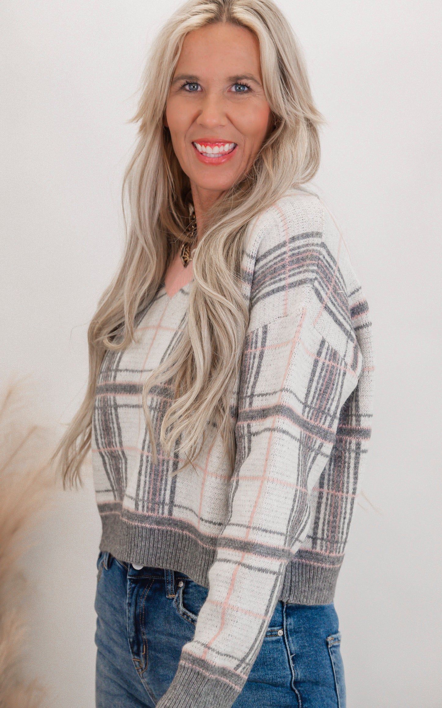 Heather Grey Plaid V-Neck Sweater