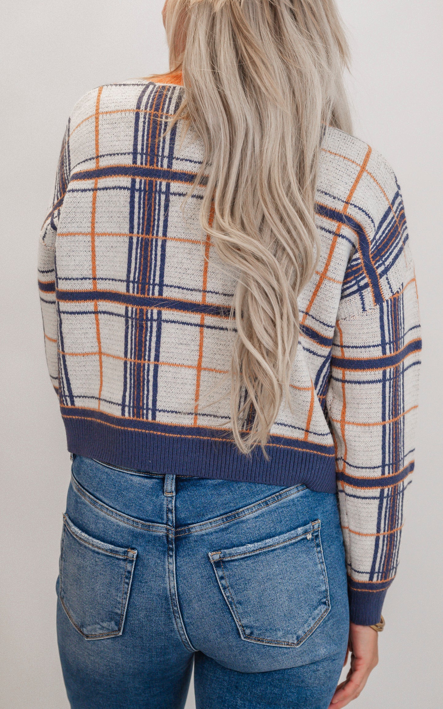 Denim Plaid V-Neck Sweater