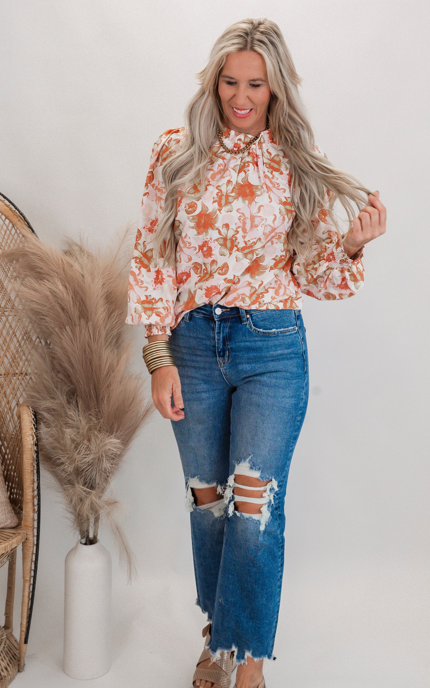 Floral Print Long Sleeve Mock Neck Blouse Top