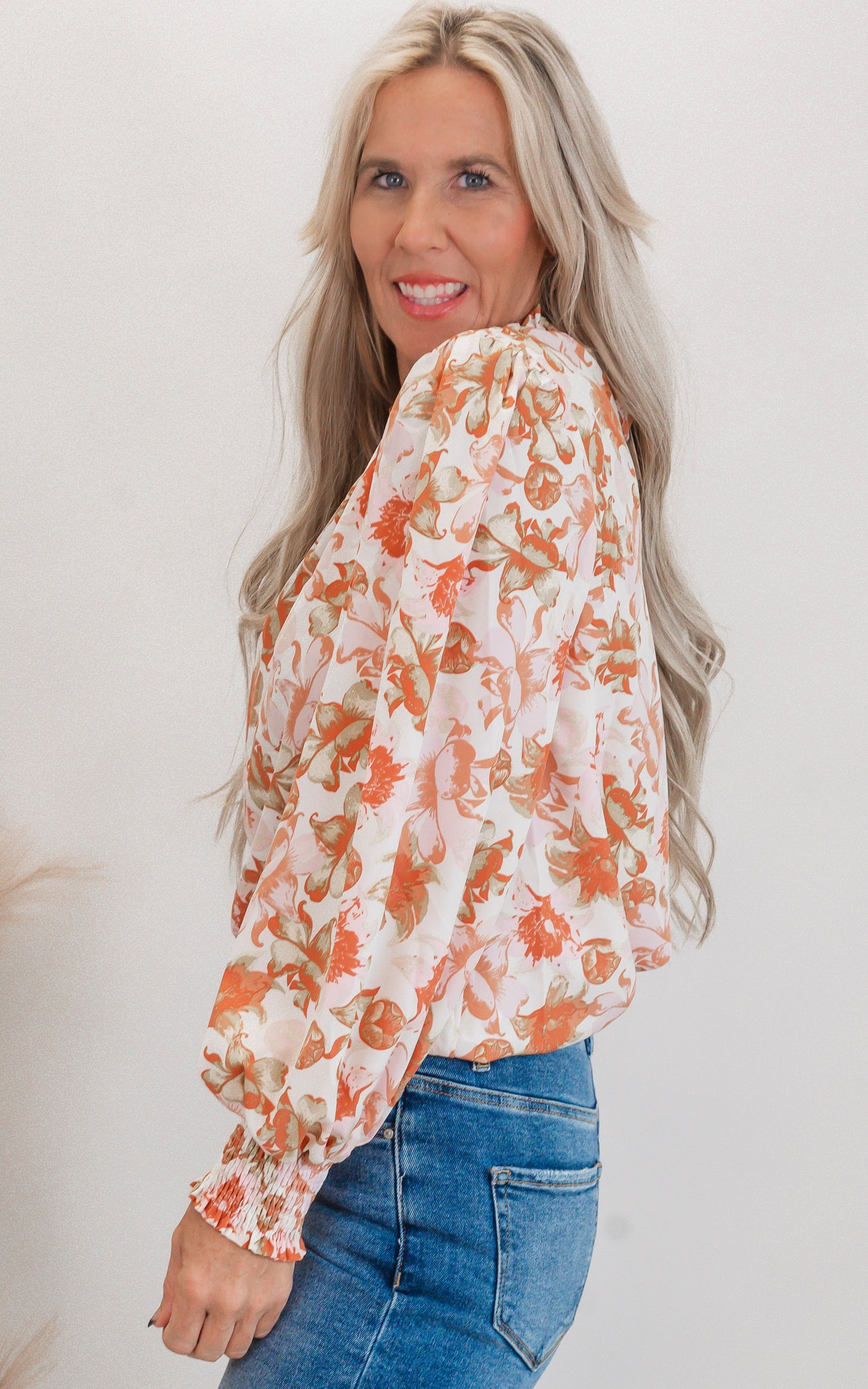 Floral Print Long Sleeve Mock Neck Blouse Top