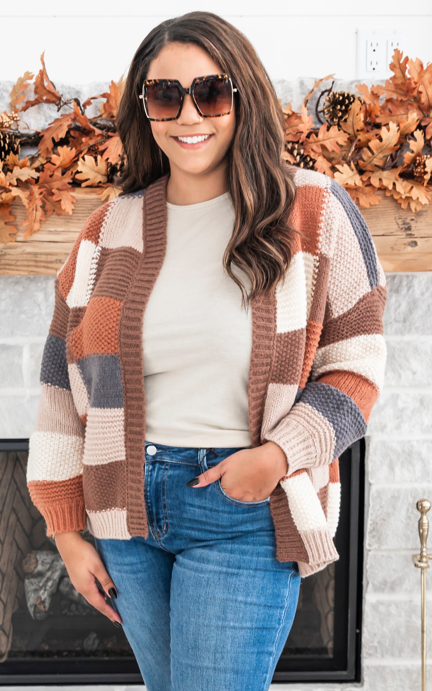 Feeling Fall Checker Colorblock Cardigan -Mocha