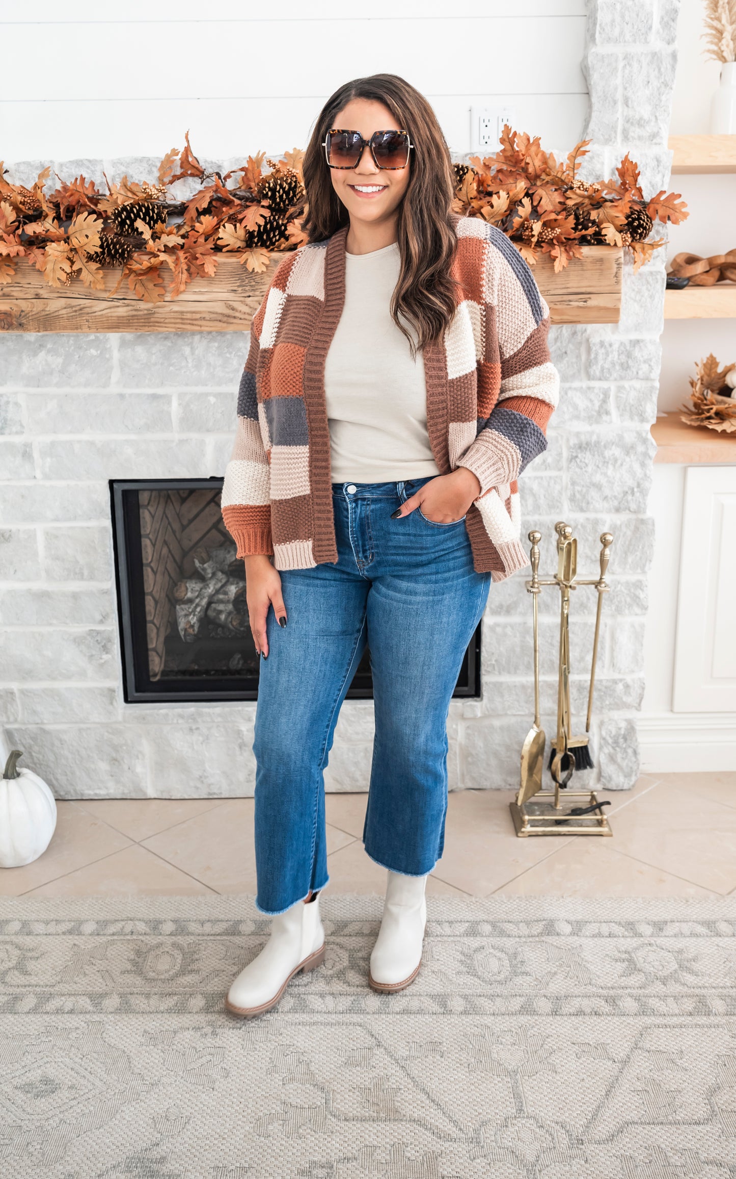 Feeling Fall Checker Colorblock Cardigan -Mocha