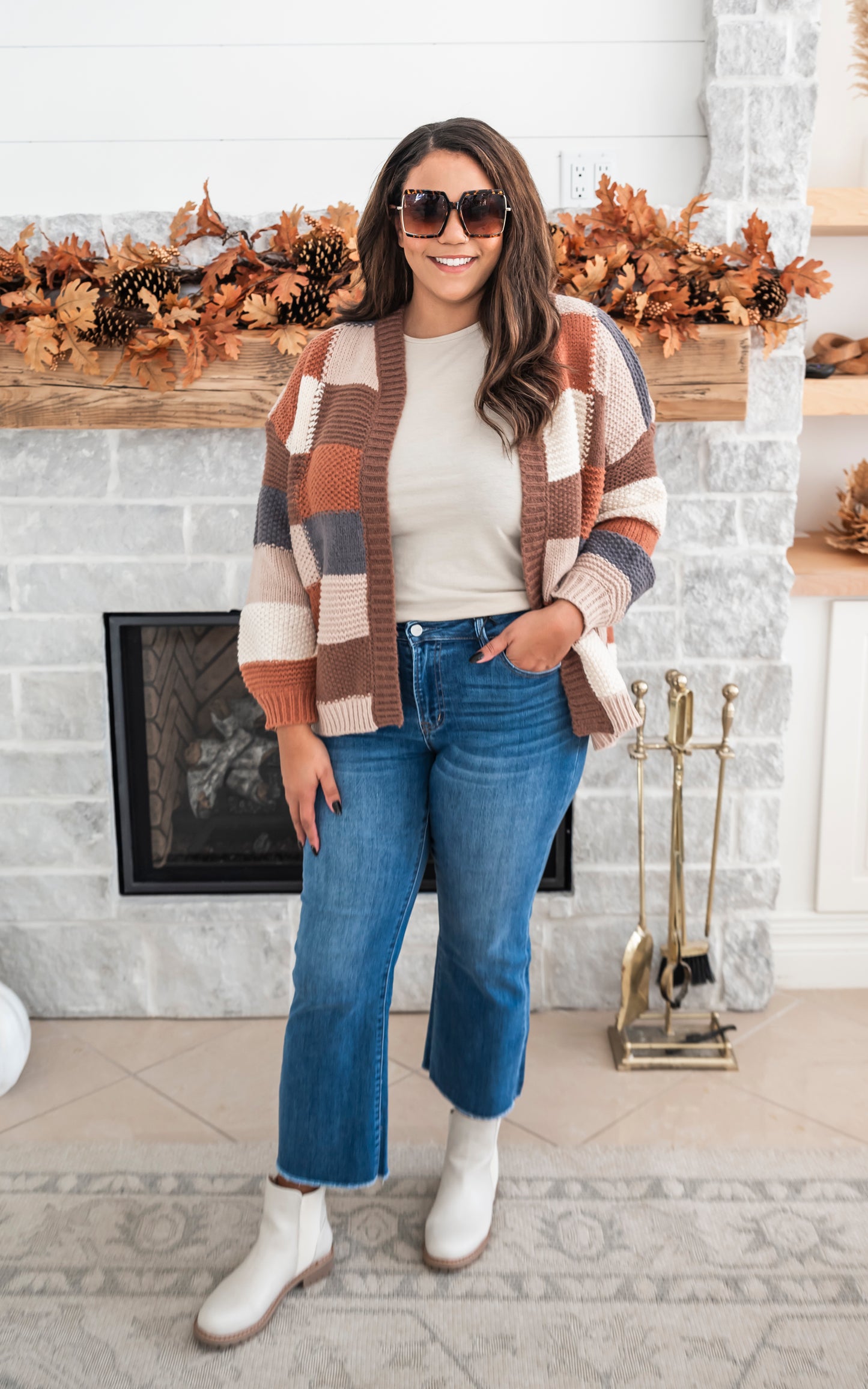 Feeling Fall Checker Colorblock Cardigan -Mocha