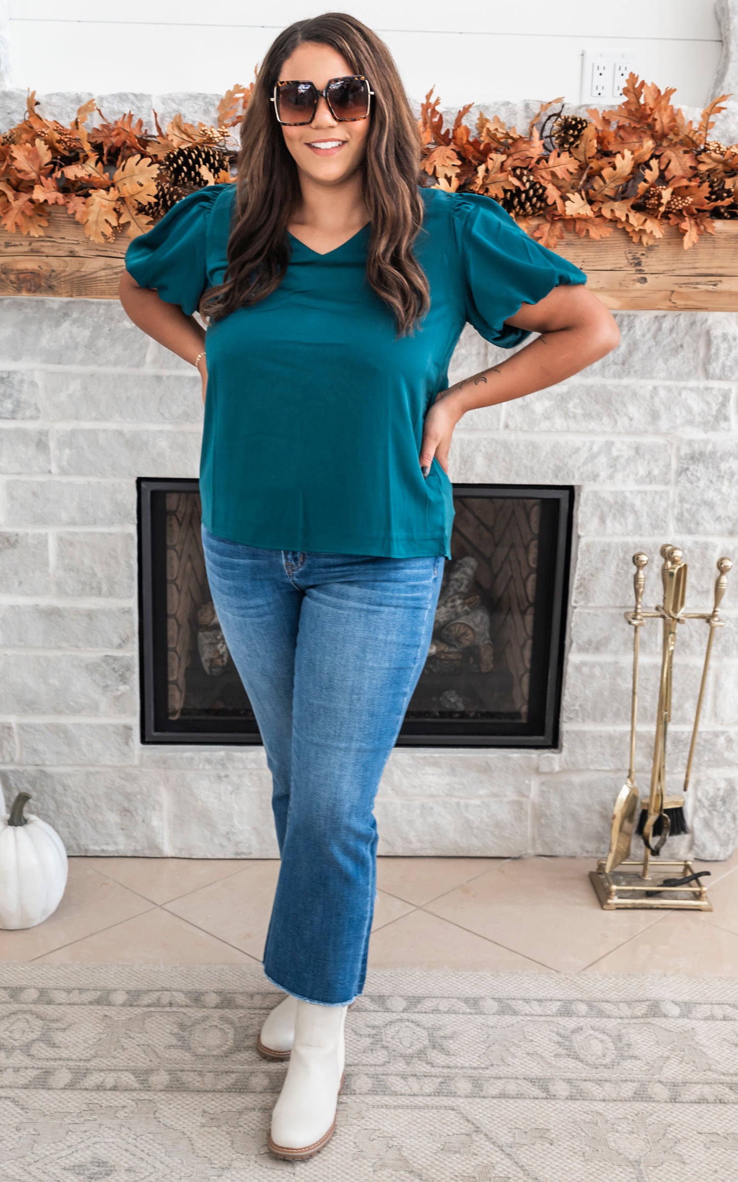 V-Neck Puff Sleeve Blouse Top - Hunter Green