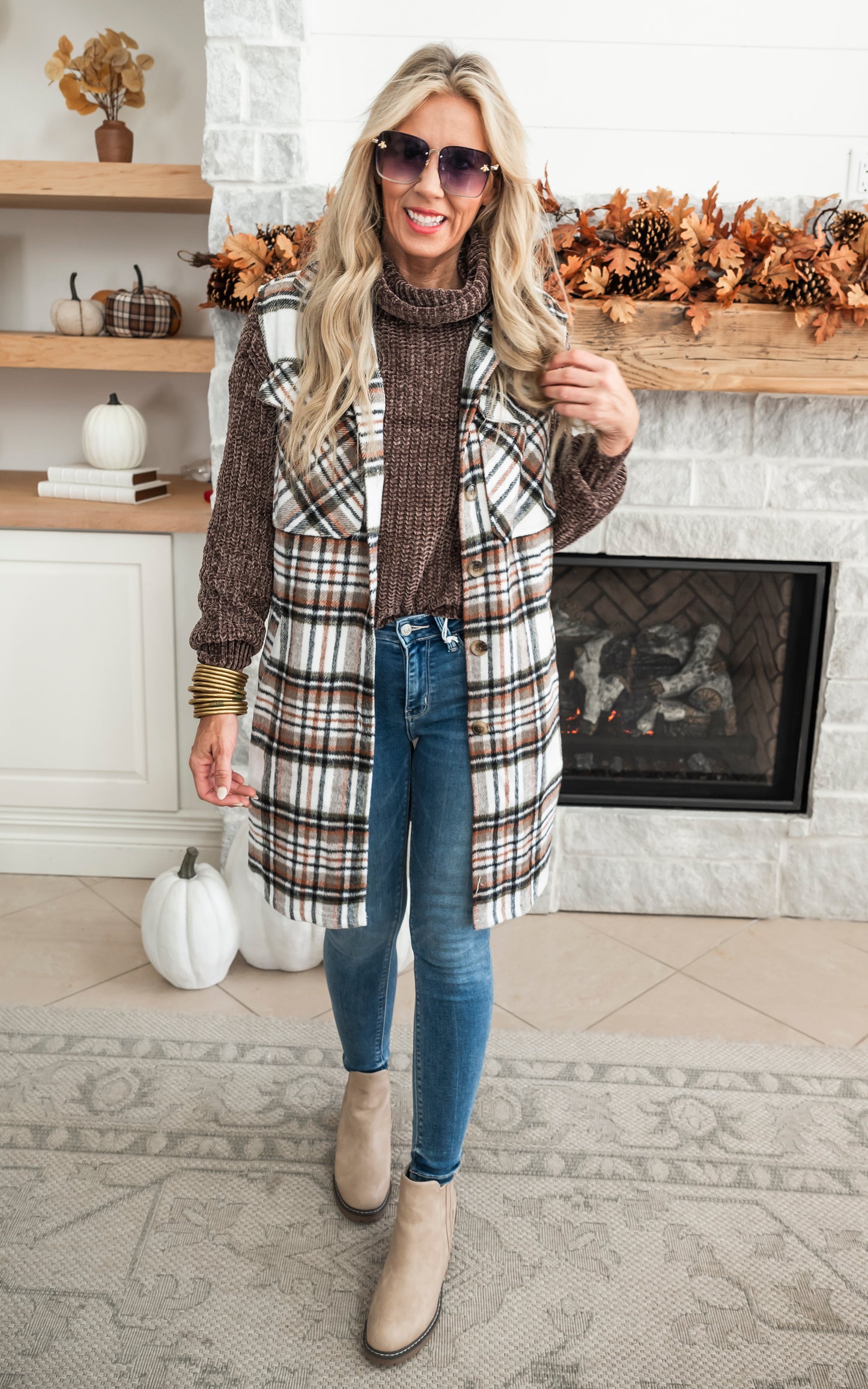 Leave Them Speechless Wool Plaid Long Vest - Brown - Final Sale