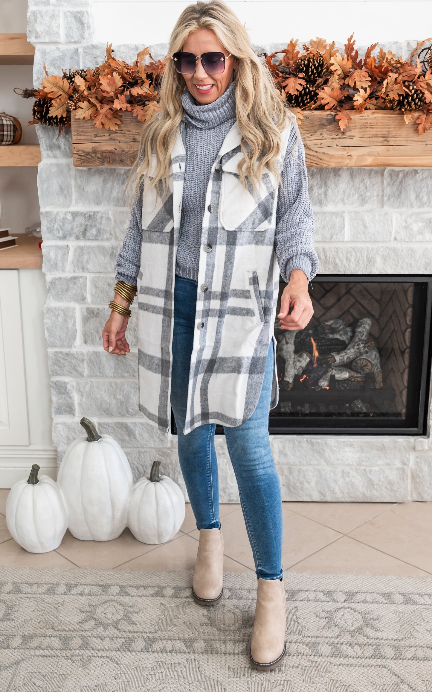 Leave Them Speechless Wool Plaid Long Vest - Grey