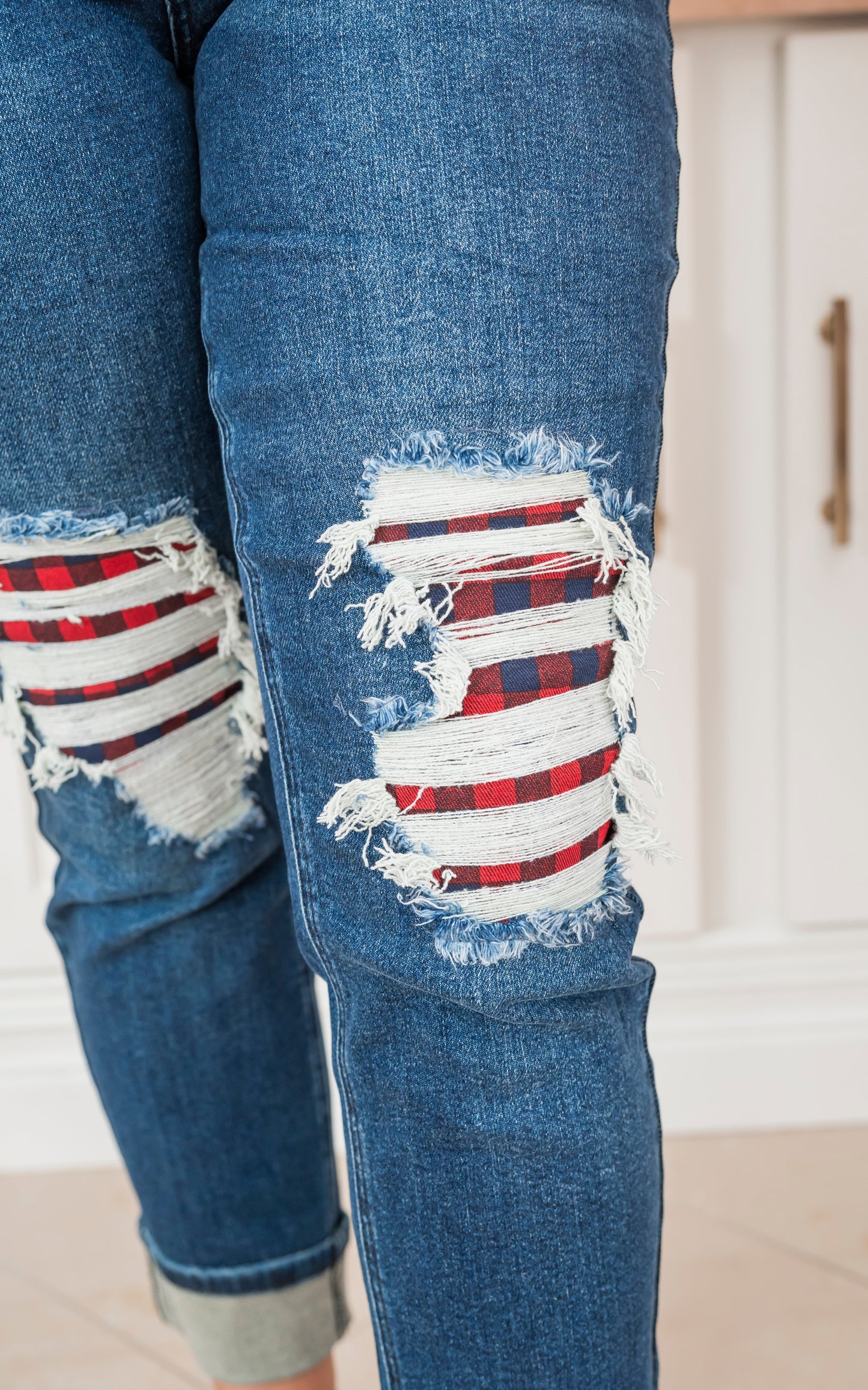 Mid Rise Buffalo Plaid Destroy Patches Boyfriend Cuff Denim Jeans | Judy Blue** - Final Sale