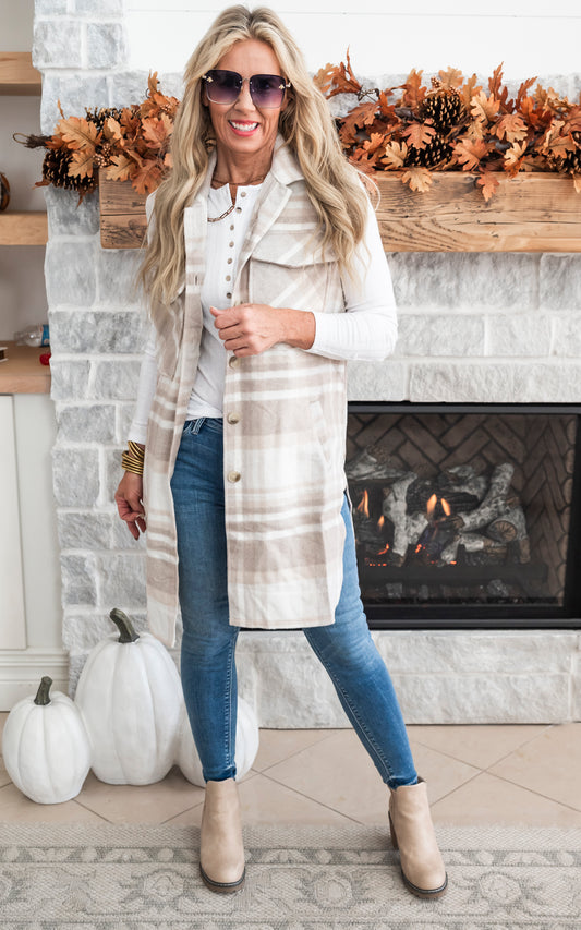 Leave Them Speechless Wool Plaid Long Vest - Beige