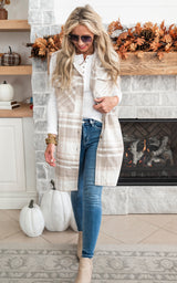 Leave Them Speechless Wool Plaid Long Vest - Beige