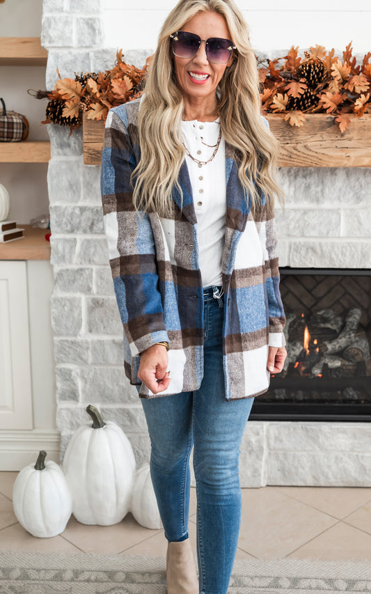 Earthy Blue Plaid Oversized Blazer