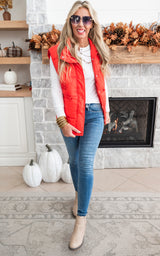 Zip Up Button Puffer Vest with Waist Toggles - Tomato