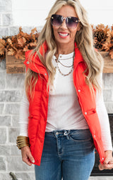 Zip Up Button Puffer Vest with Waist Toggles - Tomato
