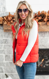 Zip Up Button Puffer Vest with Waist Toggles - Tomato