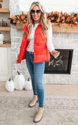 Zip Up Button Puffer Vest with Waist Toggles - Tomato