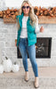 Zip Up Button Puffer Vest with Waist Toggles - Green