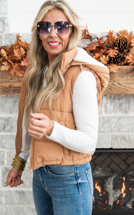 Hooded Puffer Vest With Fleece Lining - Spice