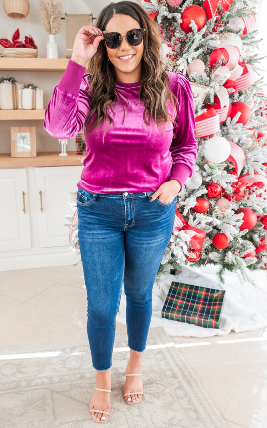 Magenta Velvet Puffed Sleeves Sweatshirt Top