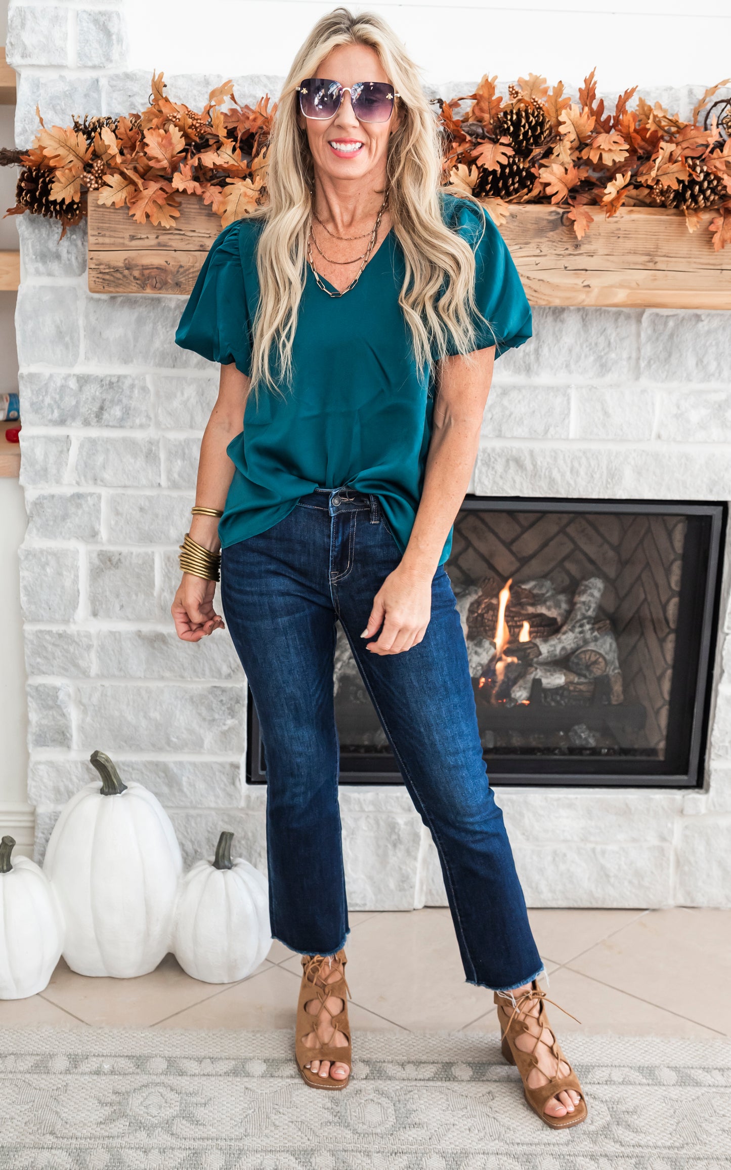 V-Neck Puff Sleeve Blouse Top - Hunter Green