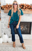 V-Neck Puff Sleeve Blouse Top - Hunter Green