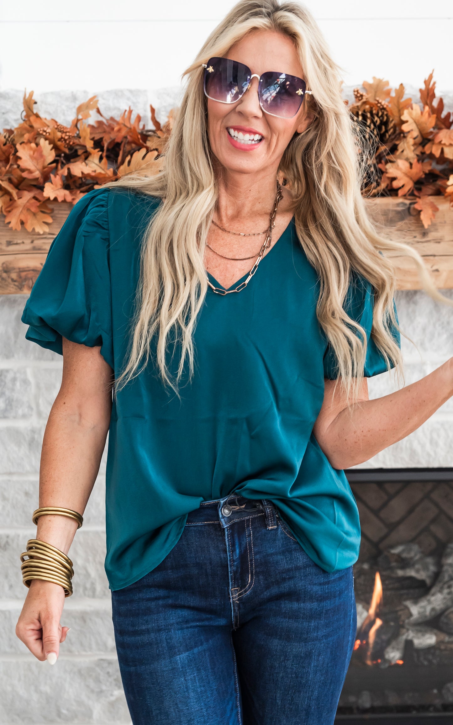 V-Neck Puff Sleeve Blouse Top - Hunter Green